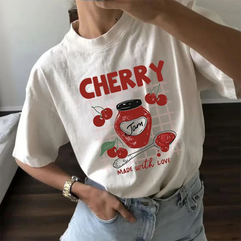 

Футболки с рисунком Cherry Jam, милые футболки с фруктами, свободные эстетические футболки с короткими рукавами в стиле ретро для женщин, женская повседневная мягкая одежда