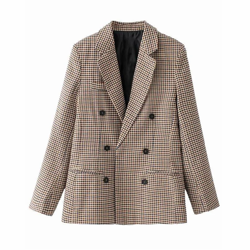 MUXI-Double Breasted Check Blazers for Women, Vintage Coat, Long Sleeve, Pockets, Female Outerwear, Chic Tops, Office Wear