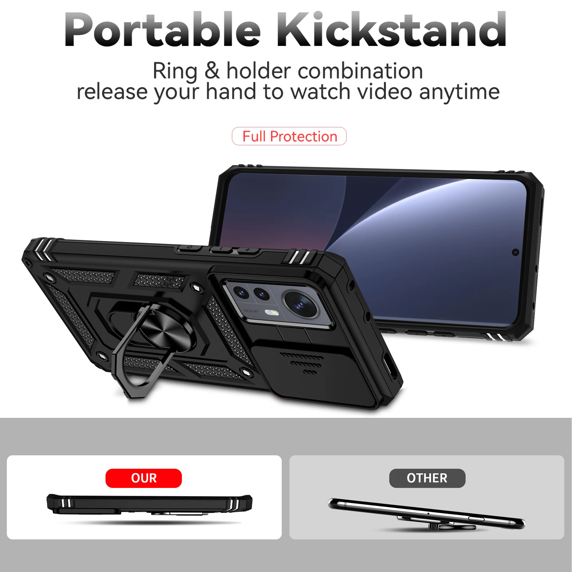 Luxus-Rüstungshülle für Xiaomi 11T 12, 12X13, 13T, 14T, Pro Lite, Ringhalter, Schiebeobjektiv, Ständer, Telefonabdeckung, Schutz, stoßfest – Detail 3