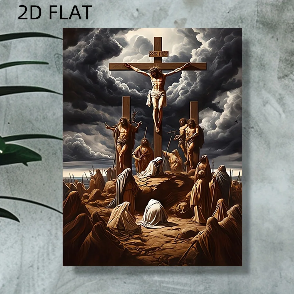 2D Flat, 2D Flat, 2D Flat No Frame Posters Canvas Print, Depicting a Religious Scene of The Cross And Mary Together, with a D
