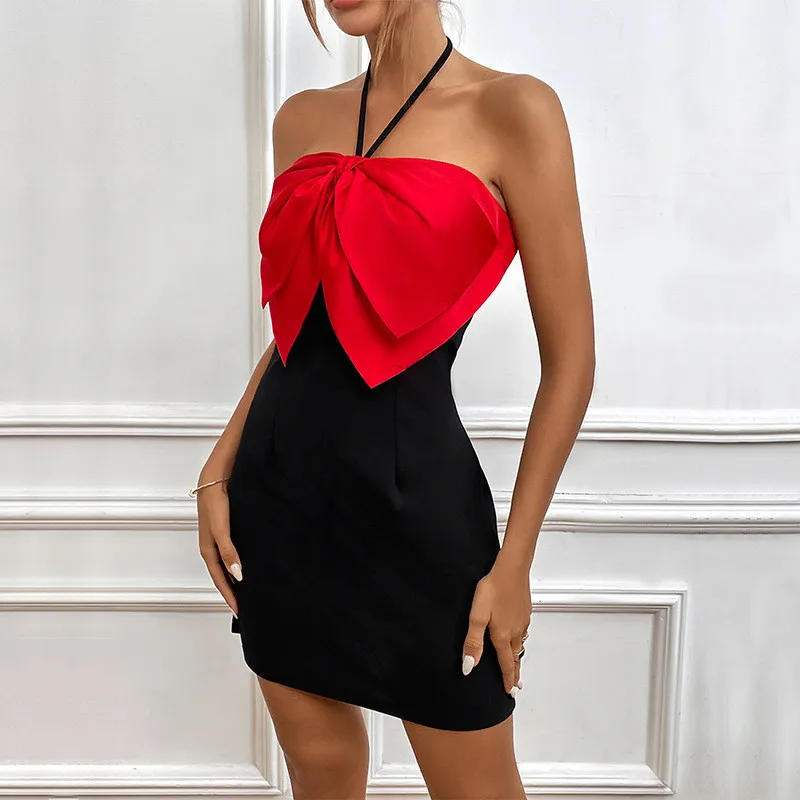 Chic Bow Strapless Red Mini Dress Ladies Elegant Backless Sheath Dresses Women Clubwear Vestidos Clashing Skirt Evening Dress