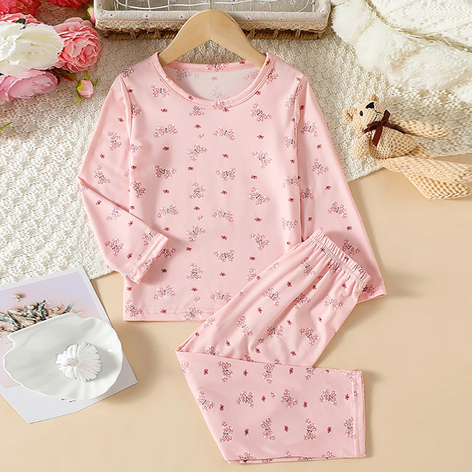2-teiliges Four Seasons Kinder-Set mit Vollprint-Motiv für Mädchen, süße langärmelige Hose, Schlafanzug, bequemes Rundhals-T-Shirt – Detail 6