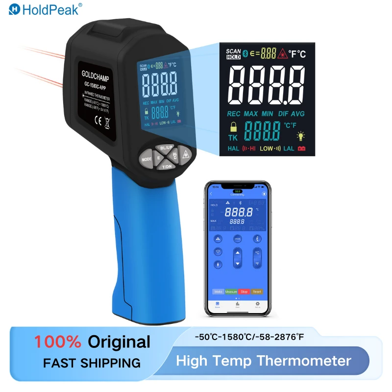 

High Temp Thermometer Pyrometer with Bluetooth HP-1580C-APP IR Thermometer with Range -58°F to 2876°F, DS 30:1 Non-Contact Laser