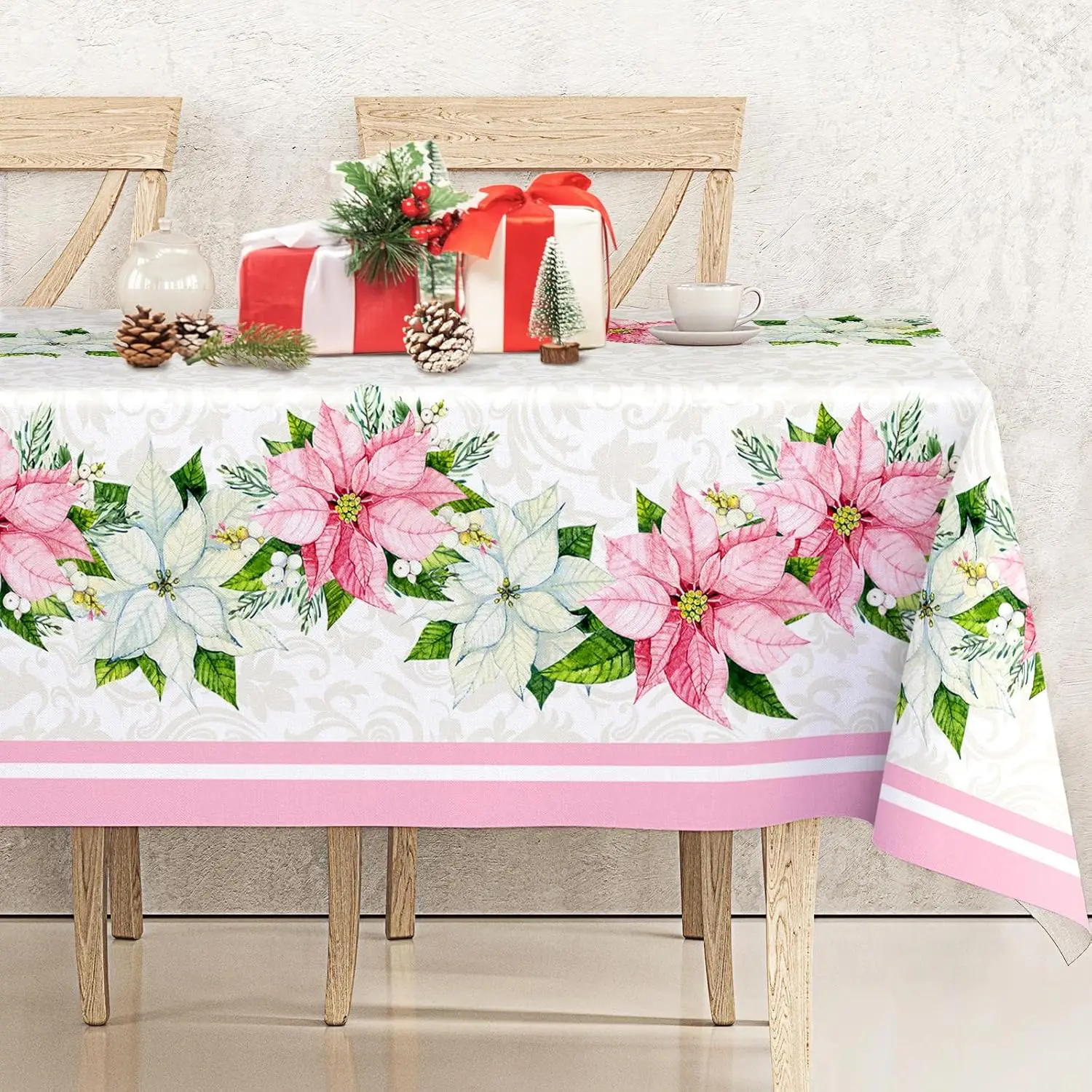 Christmas Pink Poinsettia Tablecloth for Table Decor Reusable Winter Xmas Holiday Kitchen Dining Tablecloth Christmas Decoration