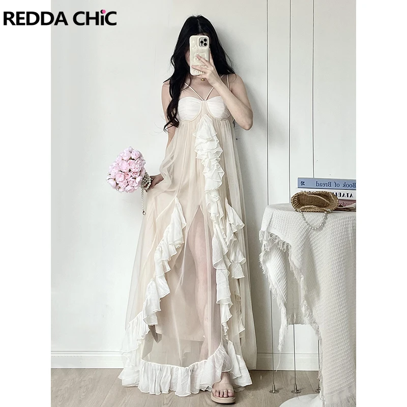 Reddachic fairycore chiffon flowy vestido feminino de uma peça plissado em camadas camisola espartilho maxi vestido longo verão vestido de festa de casamento
