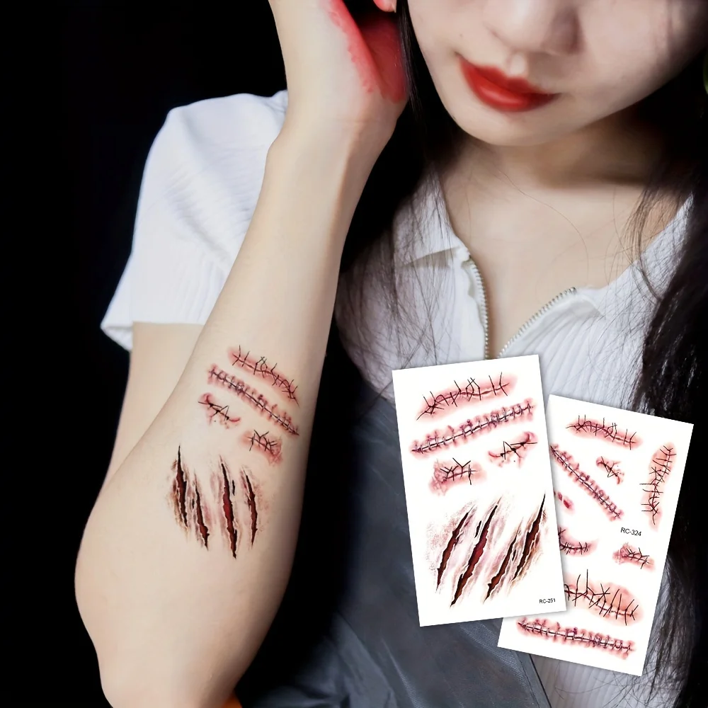 10 Blatt Halloween Terror Wunde Temporäre Tätowierung Wasserdicht Realistische Blut Tattoos Verletzungen Narbe Tattoo Aufkleber Für Gesicht Hände – Detail 8