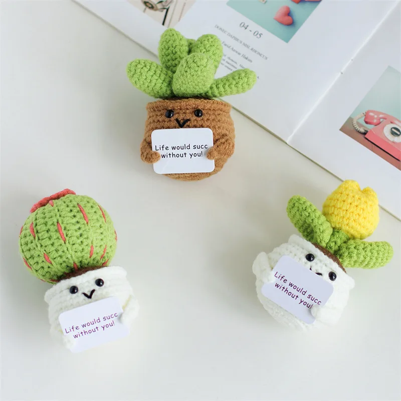 Mini Cute Crochet Flowers Finished Handmade Cactus Heart Potted Plants Handmade Bouquets Home Desktop Decoration Christmas Gift