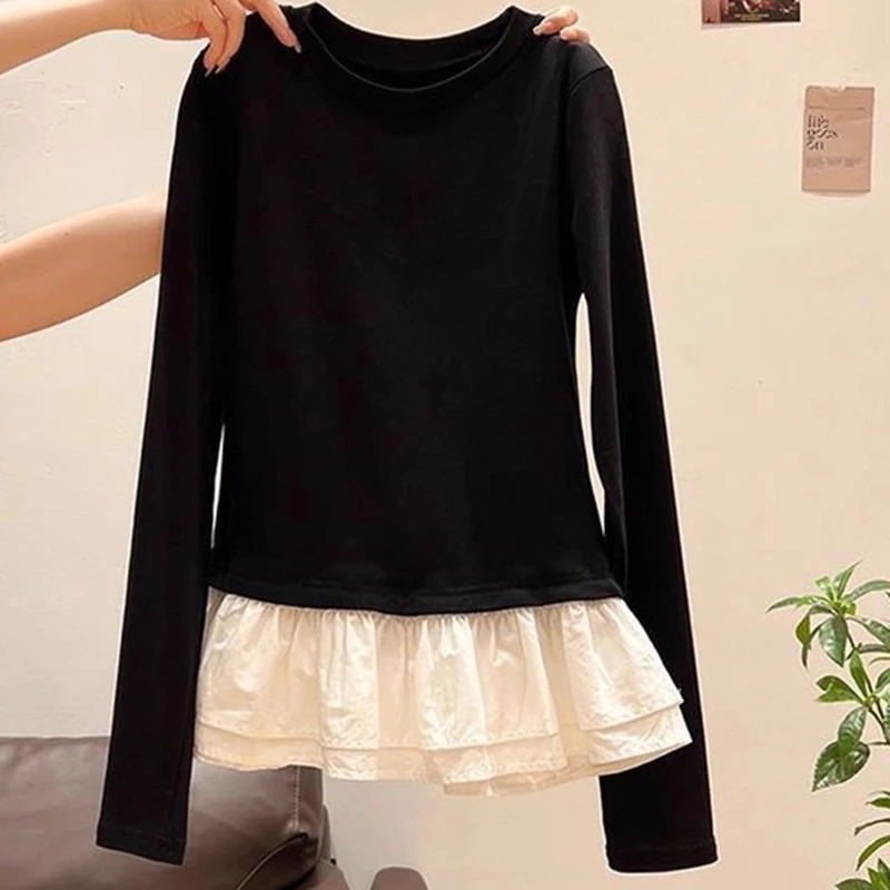 

Fake Two-piece Ruffled Top Stylish and Versatile Round-neck Long-sleeved Shirts Youth Ladies Daily Commuting Casual Tops