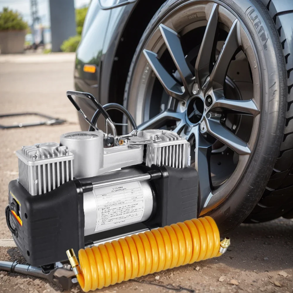 12V 150PSI Car Electric Air Pump with Pressure Gauge Auto Inflatable Pump Dual Cylinder Heavy Duty Portable Metal Air Compressor