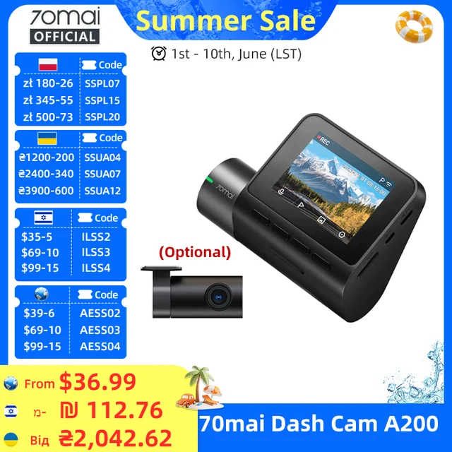 70mai Dash Cam A200 2-calowy ekran LCD 70mai A200 Rejestrator samochodowy DVR1080P Automatyczny rejestrator 24H Obsługa parkowania 130 °   Dwukanałowy zapis FOV