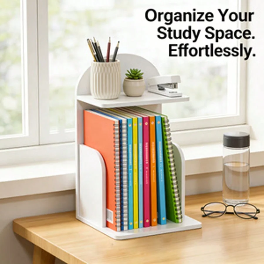 

White Desktop Book Organizer with Top Shelf, Desk File & Book Holder for Home Office