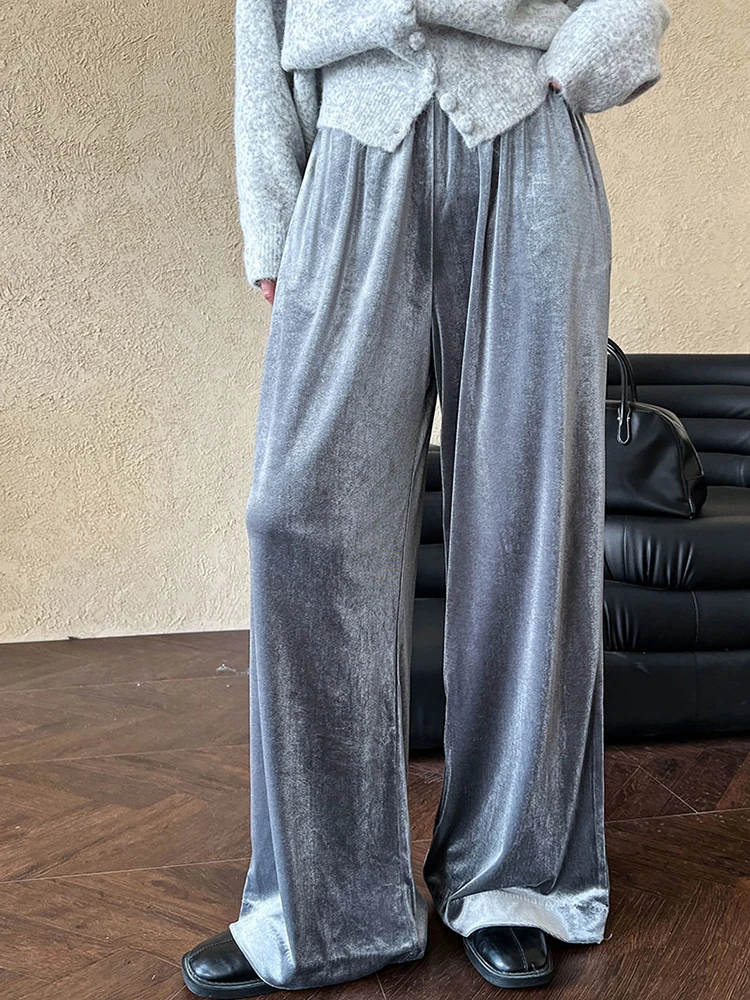 [EAM] High Elastic Waist Gray Velvet Soft Wide Leg Long Pants New Trousers Women Fashion Tide Spring Autumn 2024   1DH7706