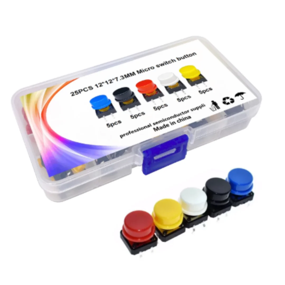 12*12*7.3mm Circular Square Head Tact Micro Switch With Button Cap, 25pcs Per Box