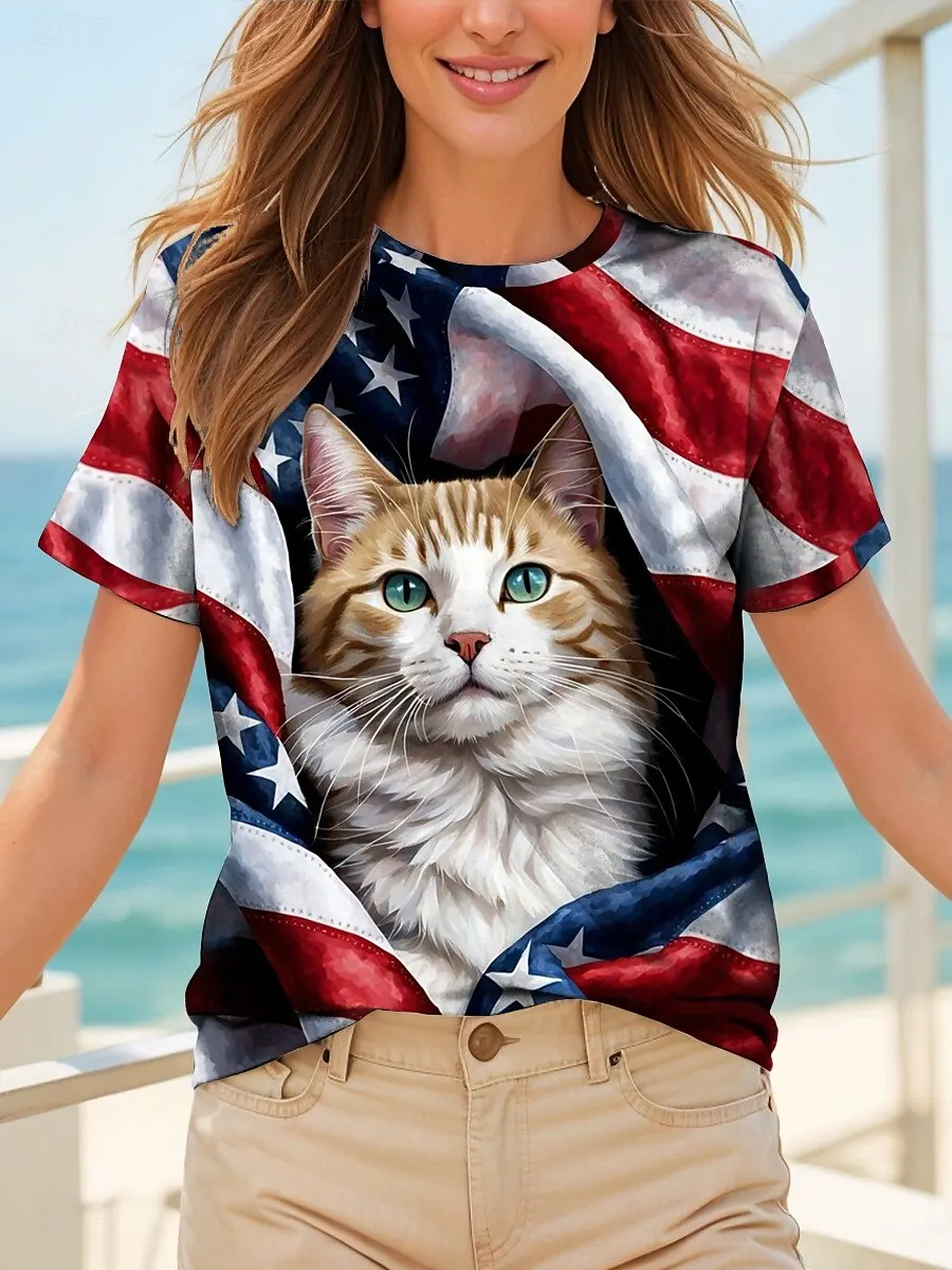 

American Independence Day Women's T-Shirt Graphic Animal Flag Retro Fashion Classic Short-Sleeved Round Neck Summer Clothing