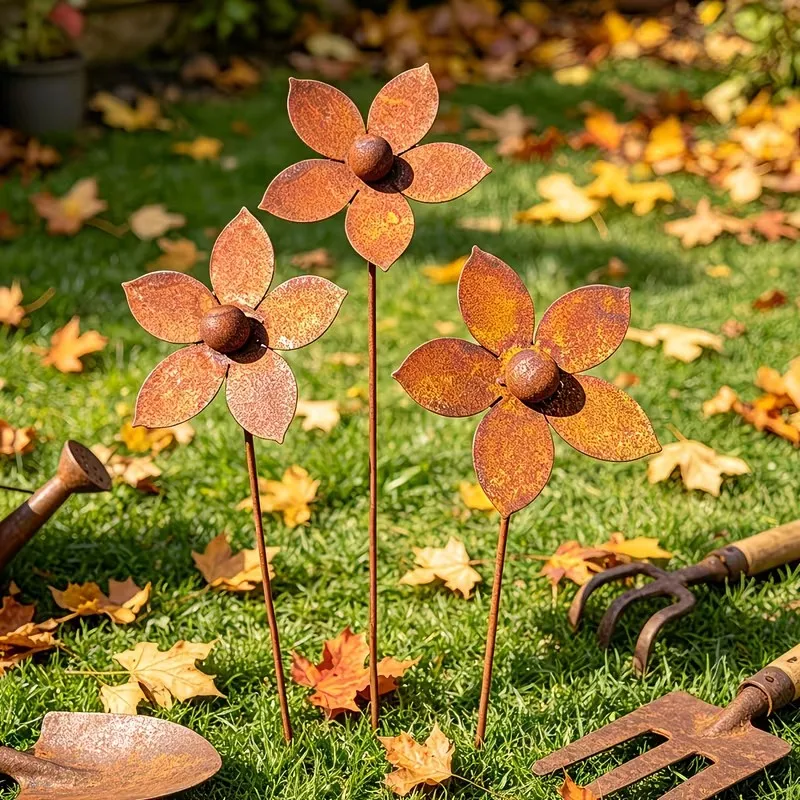 1/3pcs Rusty Metal Flower Garden Decorative Ground Stakes, Suitable for Courtyard Gardens and Flowerpot Decorations