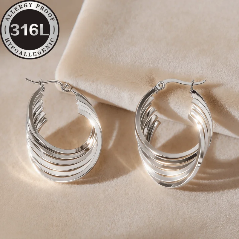 High-quality stainless steel hypoallergenic Golden earrings, square line cross-spell round shape, gold and silver