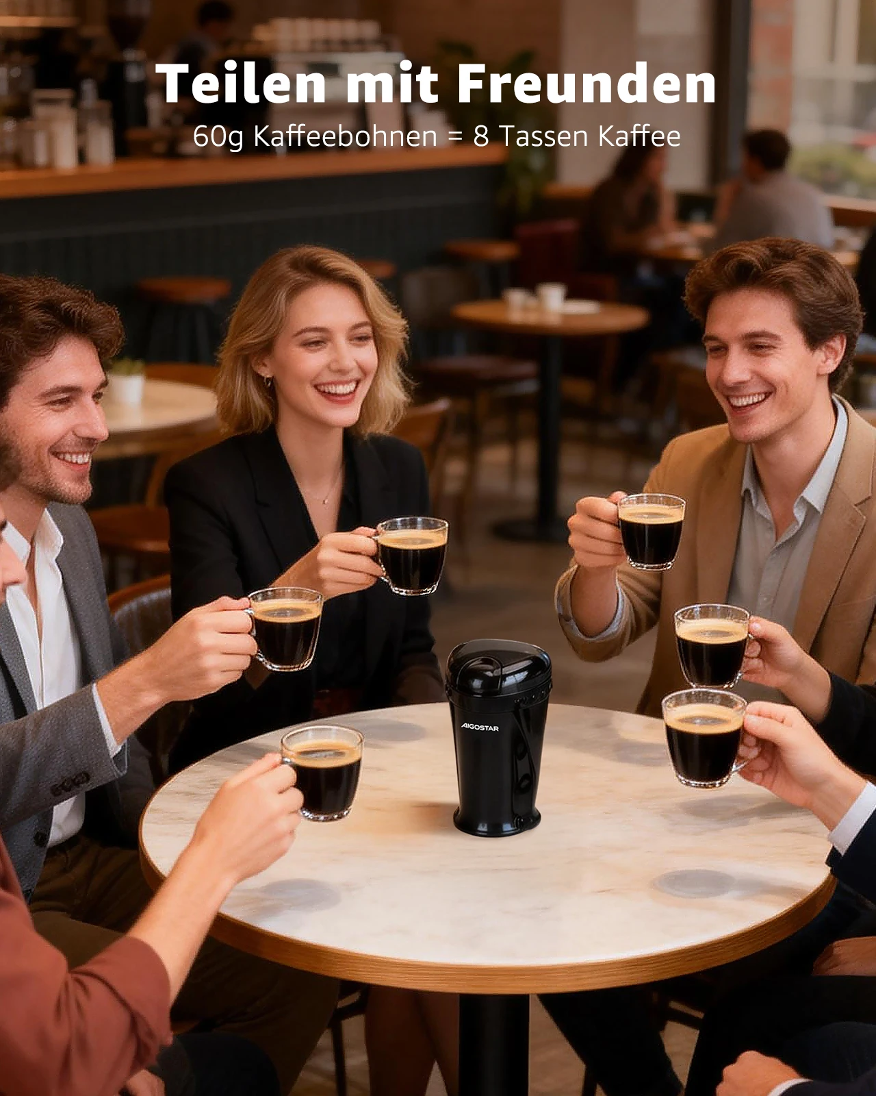 Aigostar Kaffeemühle Elektrisch Gewürzmühle Kaffee Mühle für Kaffeebohnen, Getreide, Gewürze und Nüsse, Edelstahl Schlagmesser, 60g Bohnenbehälter, Elektrische Propellermühlen,150 Watt, Schwarz – Bild 6