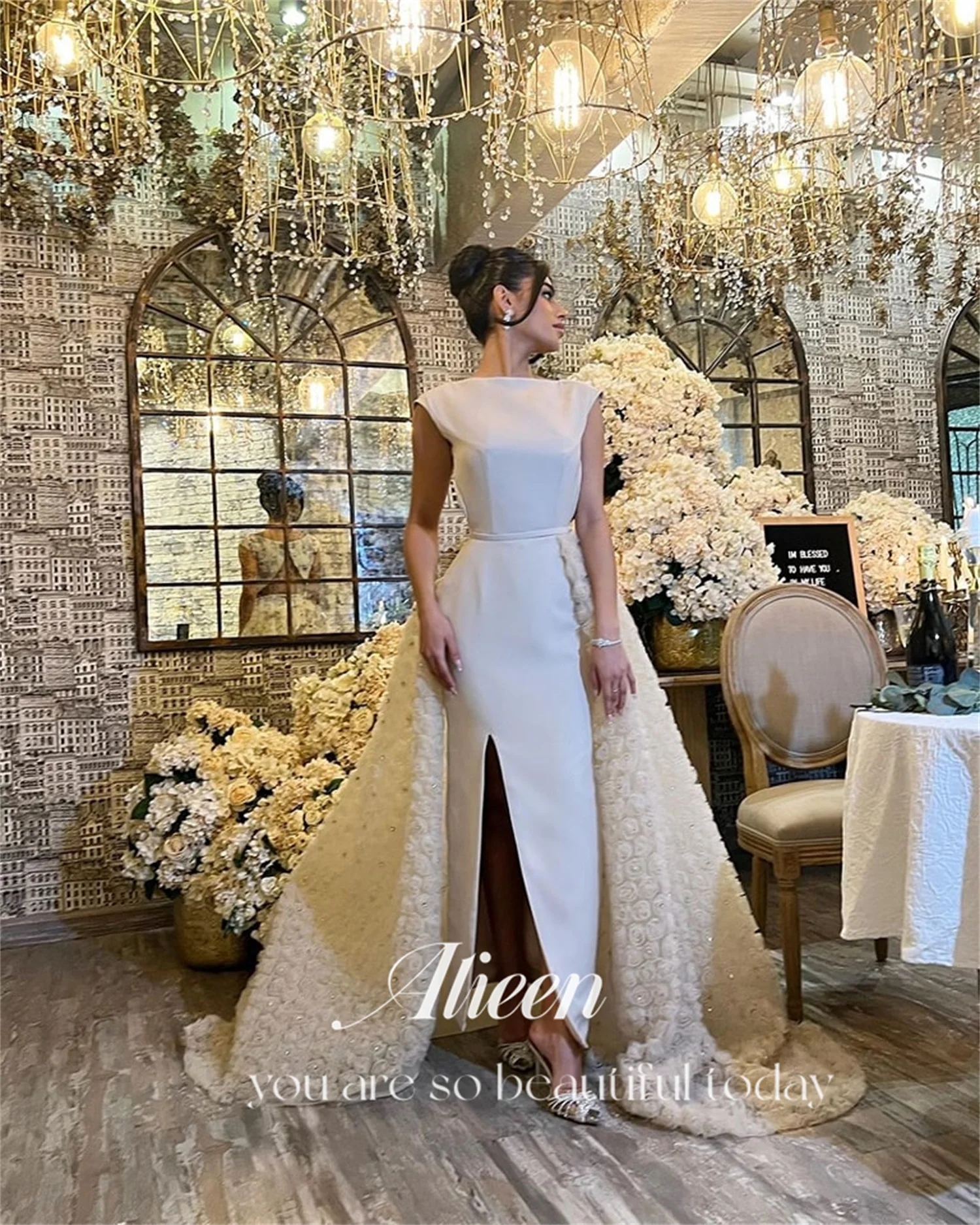 Aileen Tailing Flowers Champagne Mermaid Robe De Soiree Femmes Quinceanera Dresses for Formal Occasions Prom Gown Wedding Dress