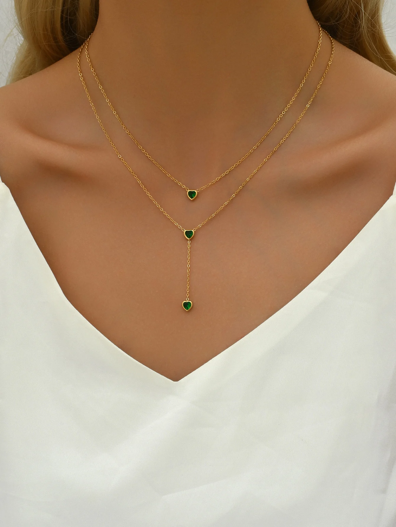 1PC 18K gold-plated titanium steel love white green zircon decorated ladies stainless steel necklace Fashion jewelry gift party