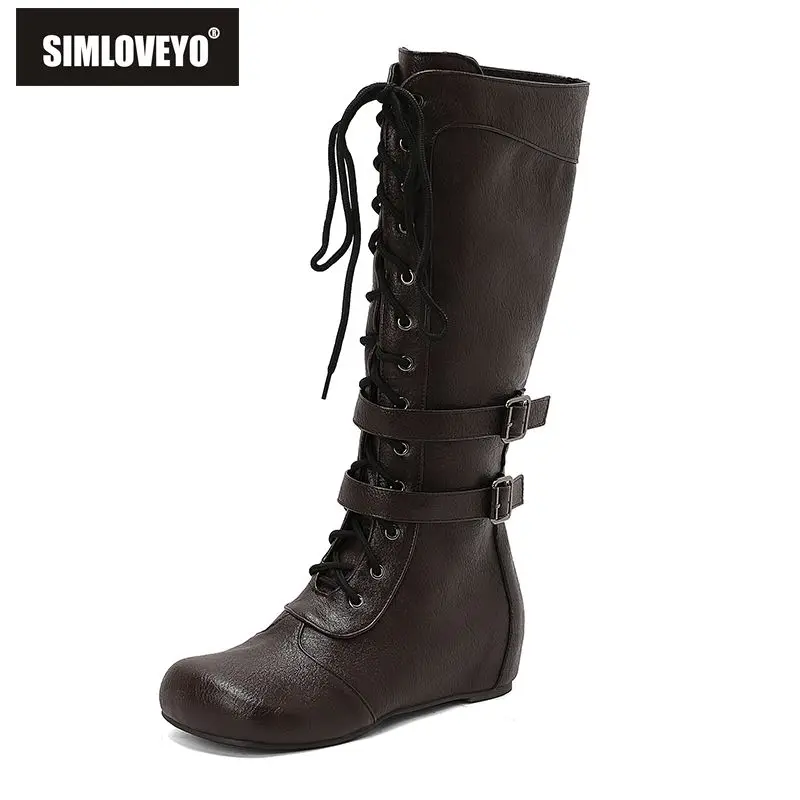 

SIMLOVEYO женские сапоги до колена с круглым носком на каблуке 4 см, новый дизайн, застежка-молния, кружевной ремень, пряжка, большие размеры, 48, 49 50, ретро