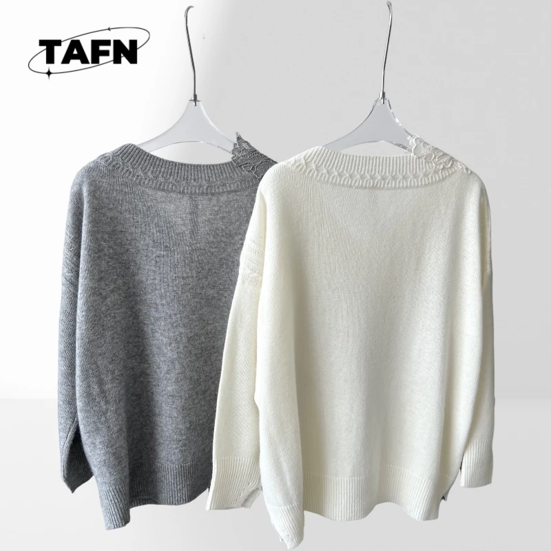 24 Lace Wool Style Wool Warm Windproof Casual Women's Sweater V-neck Trendy High-End and Fashionable Simple  top donna