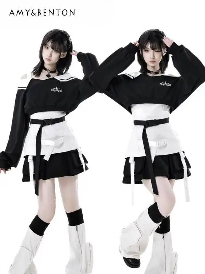 

Subculture Sweet Cool Black and White Splicing Color Suspender Off-the-shoulder Sets Harajuku Short Hoodie Sling Cargo Skirt Set