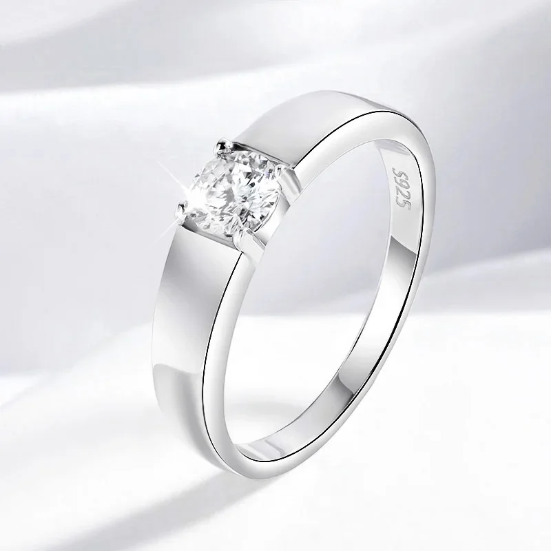 QIBAOKU D Color 0.5CT 1CT Moissanite Ring for Men S925 Sterling Silver Simulation Diamond Wedding Band Classic Round 2026