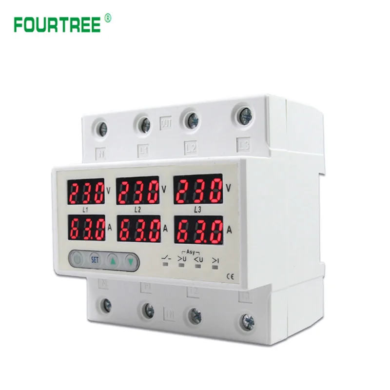 3 Phase 63A 100A Din Rail Voltmeter Ammeter Adjustable Over and Under Voltage Current Limit Protector Monitor Relays Protection