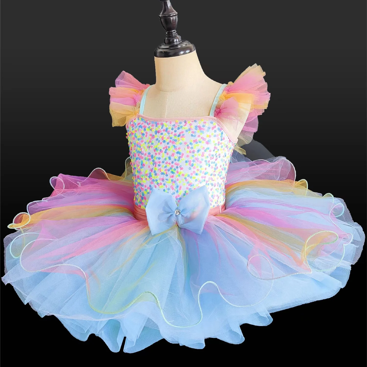 Children Ballroom Clothing Sequined BalletTutu Dress Girls Rainbow Color ModernPerformance Clothing Wear Ballet PrincessDress