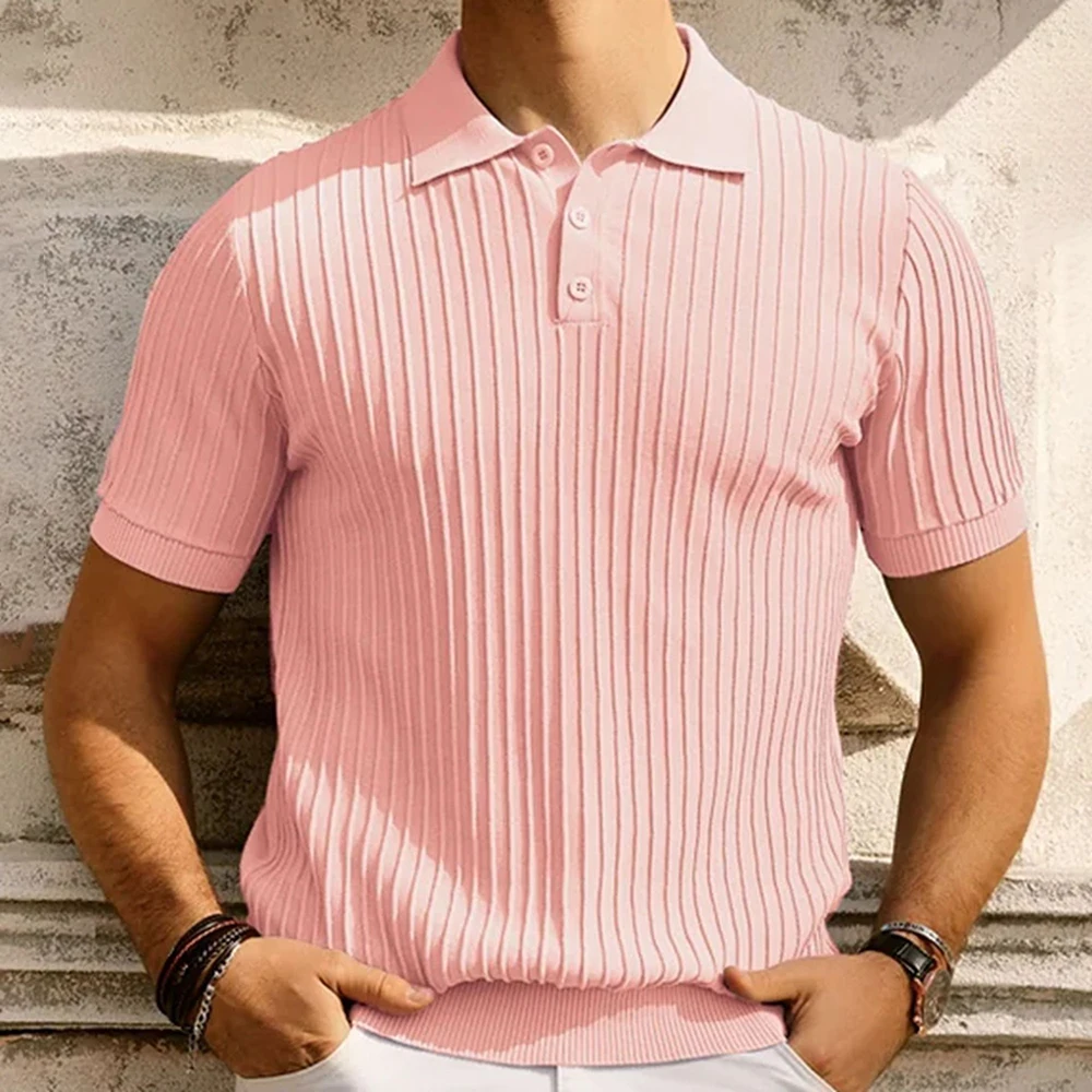

Мужская простая трикотажная рубашка-поло, однотонный спортивный топ в полоску в стиле ретро с коротким рукавом, весна-лето 2024