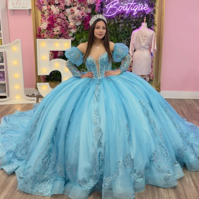 

Blue Quinceanera Dresses Off the Shoulder Glitter Crystal Decal Long tail Vestido De 15 Quinceanera Customize