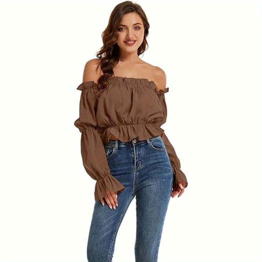 

Средневековый женский укороченный топ-бюстье с открытыми плечами и рюшами в стиле Ренессанс с длинными рукавами