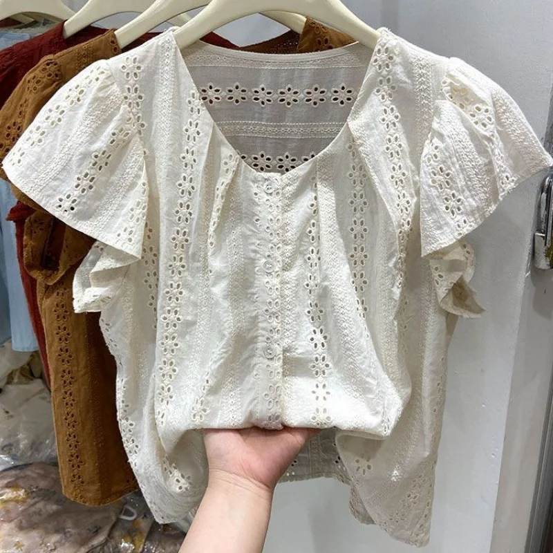 French Embroidery Lace Flying Sleeve Shirt for Women2024Summer Design Sense Korean Style Western Style Youthful-Looking Baby Shi