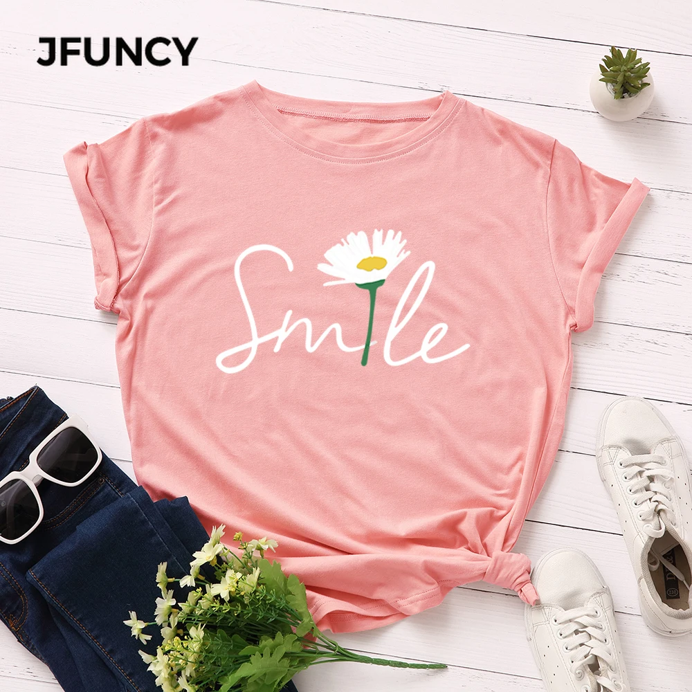 JFUNCY Women's T-shirt Female Short Sleeve Cotton Tee Women Tops Smile Graphic T Shirts 2023 Woman Tshirt Summer Clothing