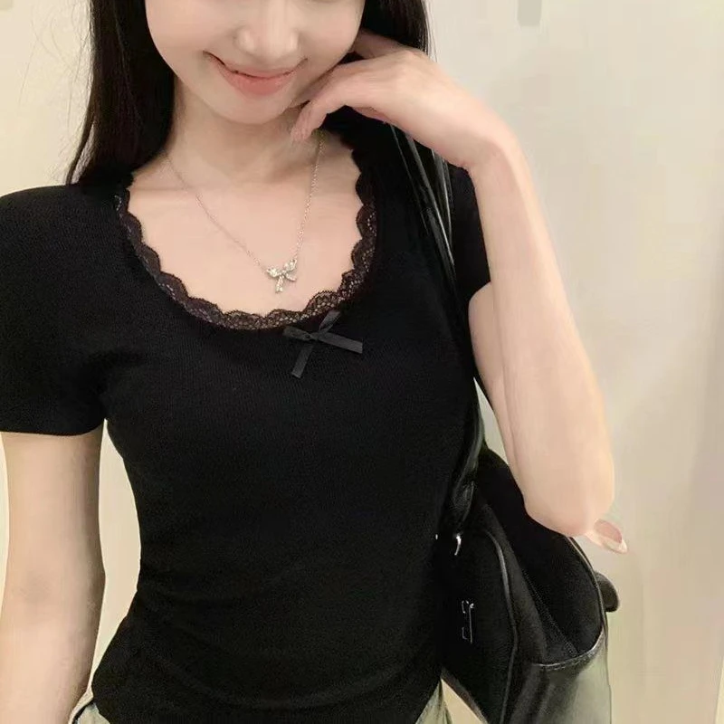 Tops Tees เสื้อใหม่โบว์ลูกไม้ O-คอสีเทาเสื้อผู้หญิง 2025 ฤดูร้อนแขนสั้นสีดําเสื้อยืด Y2k SLIM FIT Bottoming Blusas Mujer
