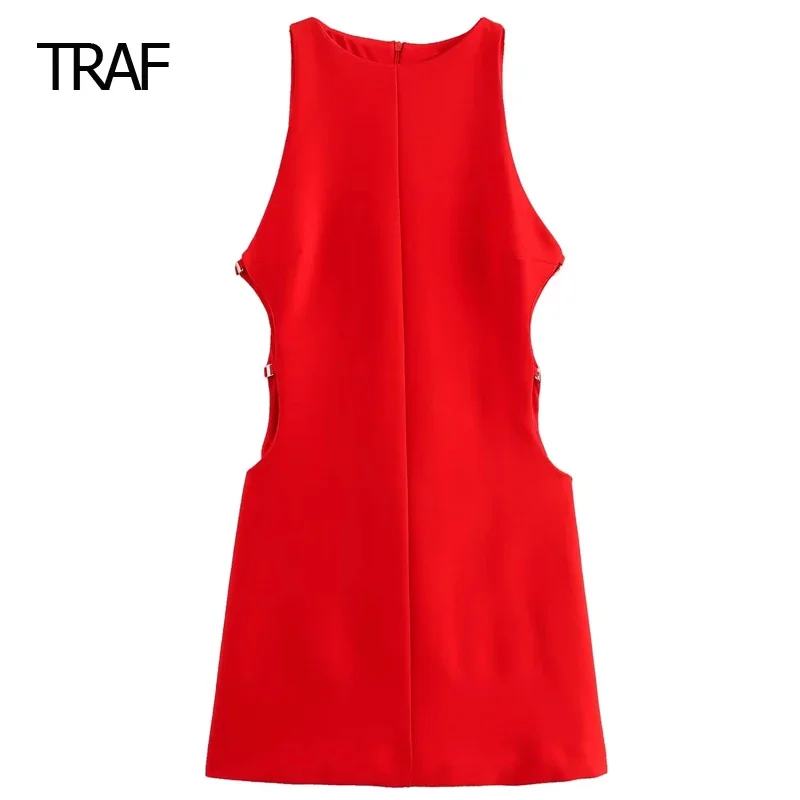TRAF prendisole estivi da donna 2024 Mini abiti Cut-Out rosso o-collo senza maniche Tank abiti corti abiti da festa eleganti di moda