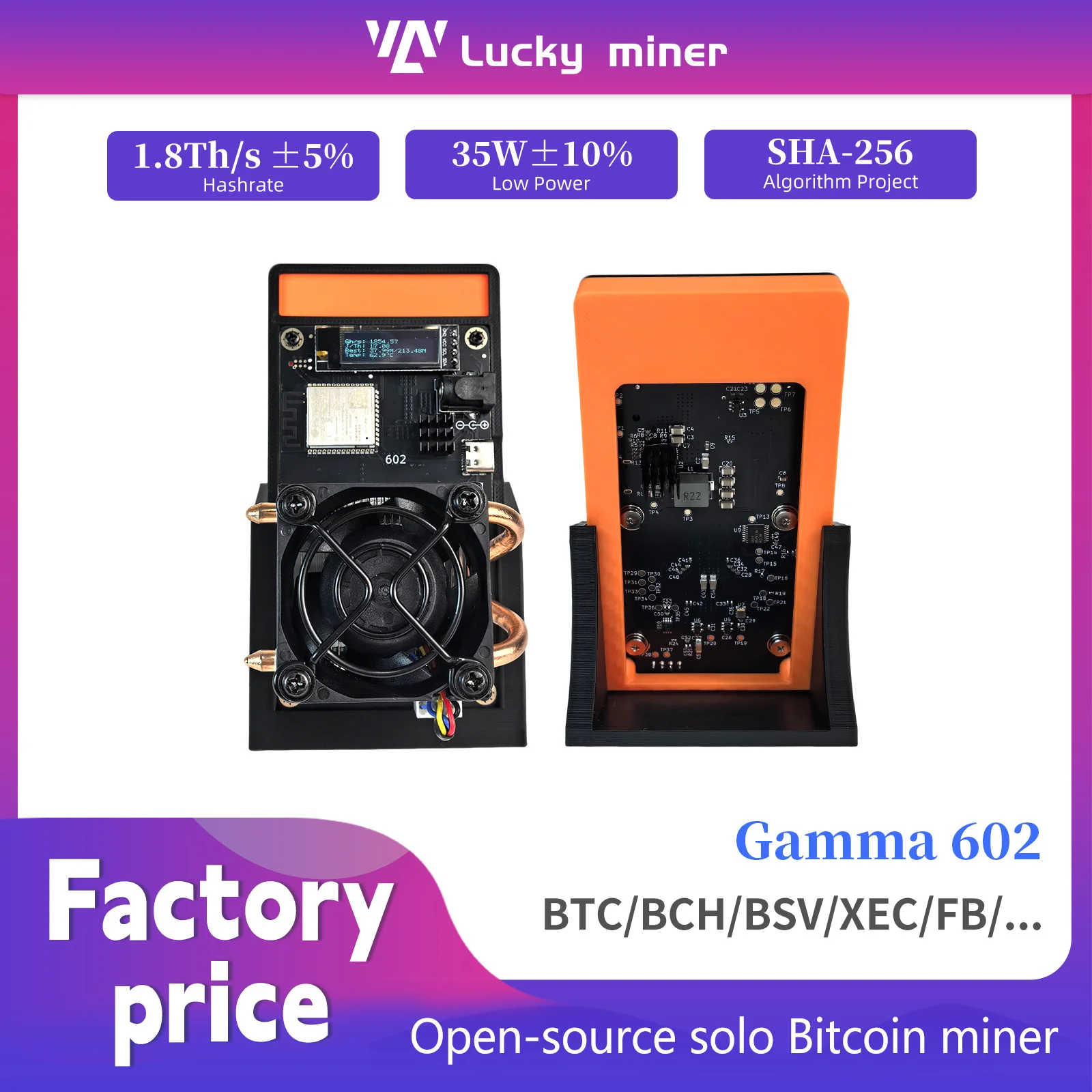 

Майнер SHA256 ASIC Bitaxe Gamma 601/602 1.7~1.8TH/s 35W для домашнего использования, тихий, для криптовалют BTC, модель 2026 года (обновленная)