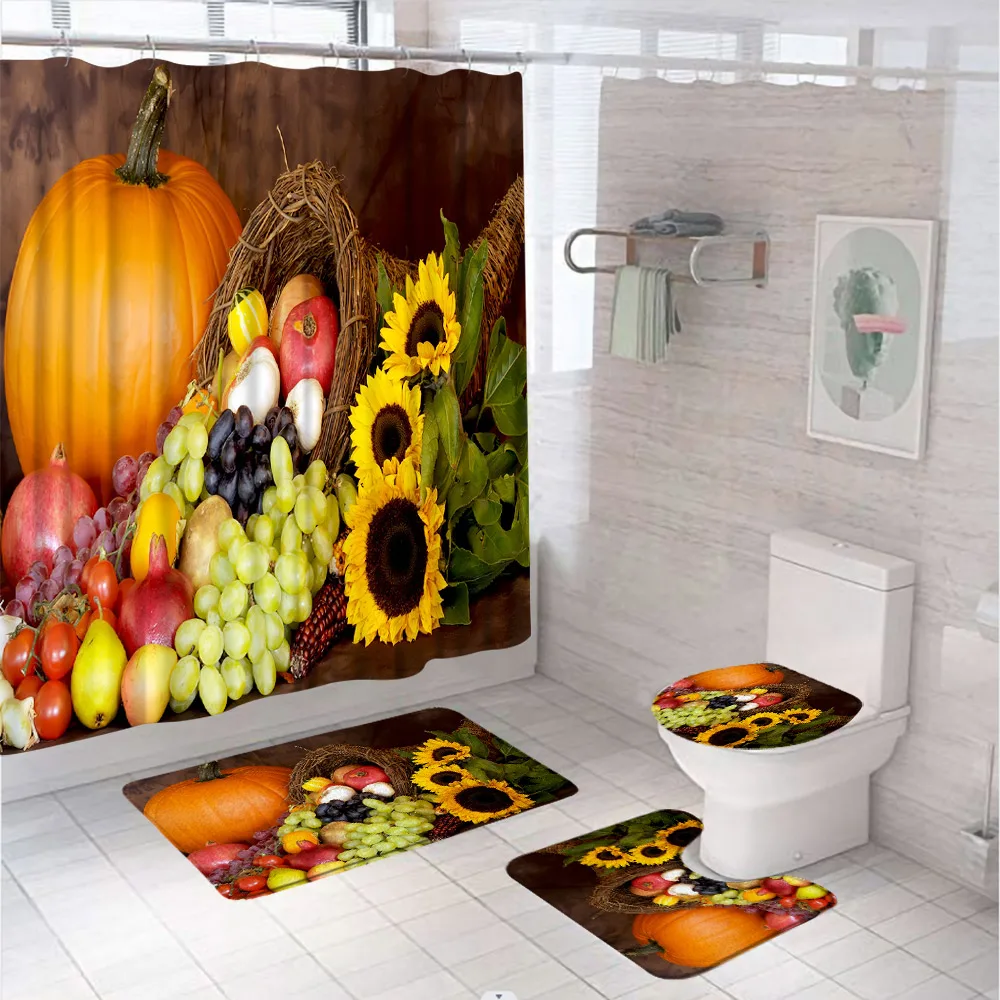 

Yellow Pumpkin Sunflowers Bathroom Set Shower Curtain Rugs Accessories Harvest Autumn Leaves Fruit Bathtub Bath Mat Toilet Cover