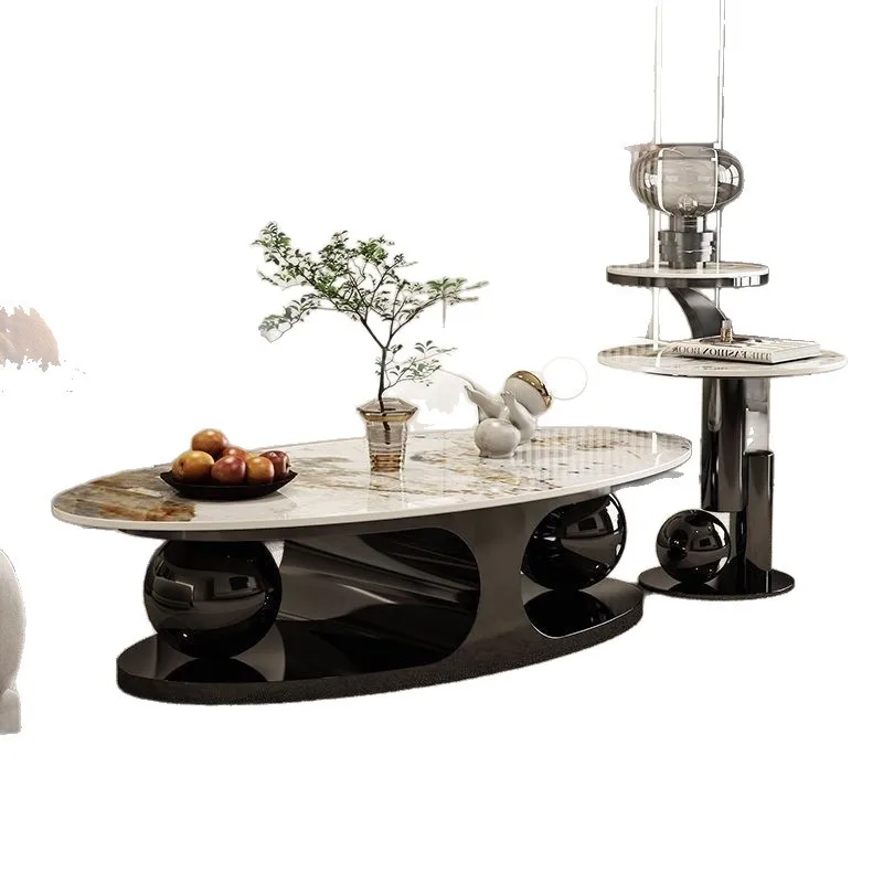 #Luxury Oval Glossy Sintered Stone Coffee Table With Stainless Steel Frame Modern Minimalist Design Home Furniture Living Room