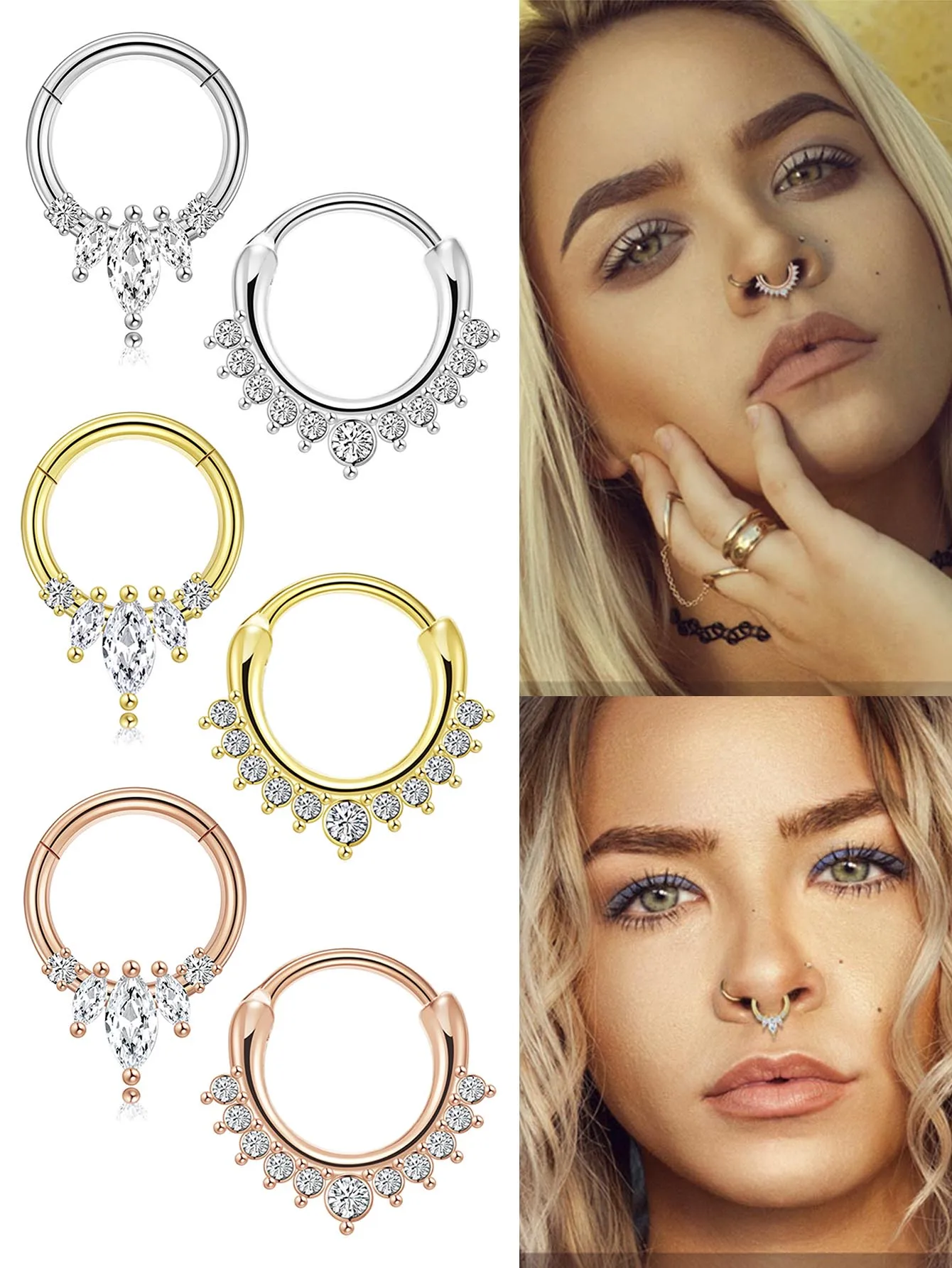 2 Stück 316L Chirurgenstahl Zirkon Scharnier Nasenring Septum Clicker Daith Piercing Ohrknorpel Helix Hoop Blumen Wassertropfen – Detail 1