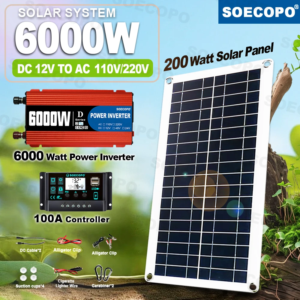 SOECOPO 6000W Solar System Complete Kit 12V To 110V/220V 100A Controller 300W Panel Off-Grid Inverter System Home/Camping Backup