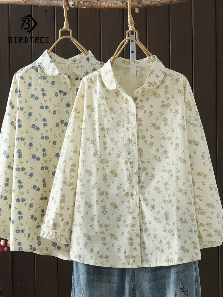 

New 2025 Autumn Cotton Long Sleeve Shirt, Women Turn-down Collar Printed, Mori Girl French Commute Casual Loose Blouse T58647CC