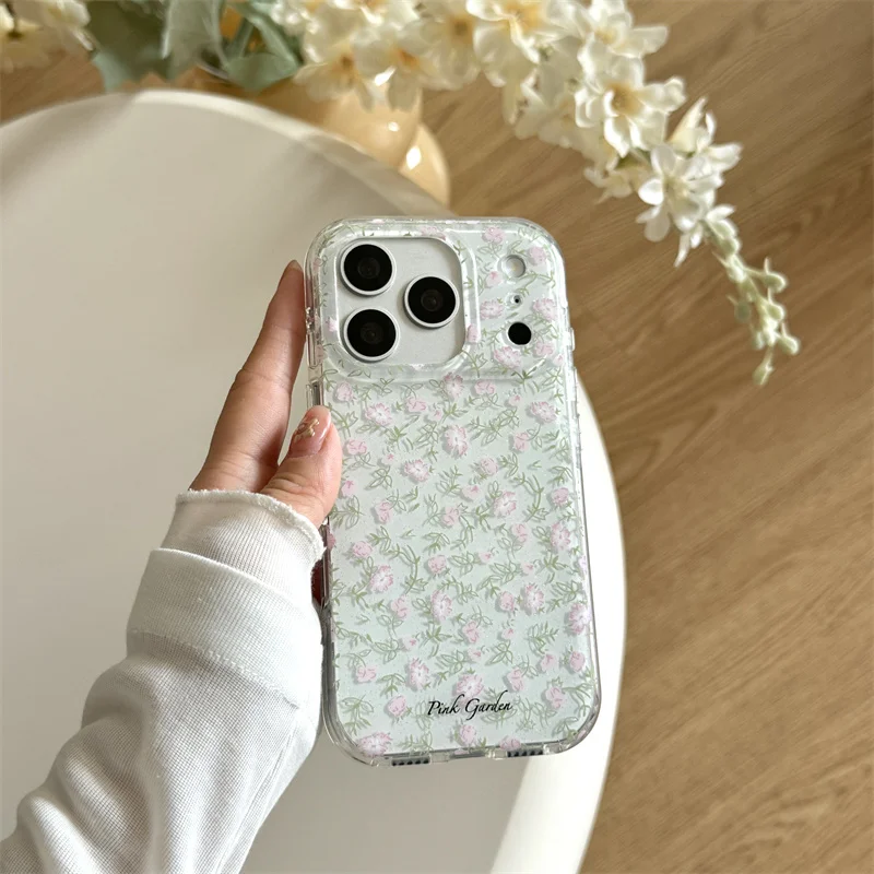 

Kawaii Pastel Pink Floral Green Leaf Clear Phone Case For iPhone 14 15 16 17 Pro Max INS Fresh Style Large Window Shockproof Cov