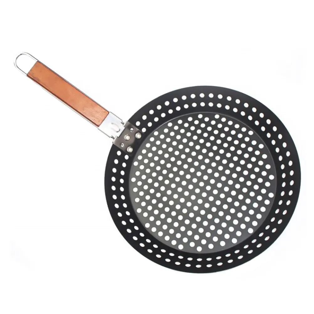 

Folding Non-Stick Pizza Pan Baking Tray Iron and Wood Construction Portable Outdoor Bbq Grilling Pan for Home Kitchen Cake