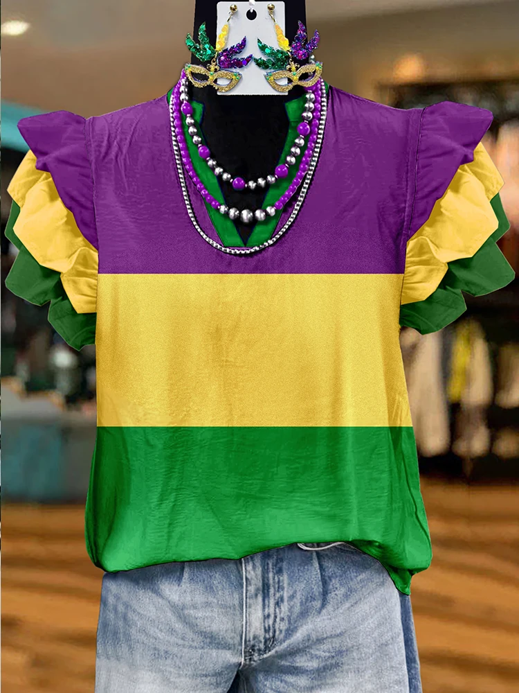 Classic Mardi Gras Contrast Fly Sleeve Blouse