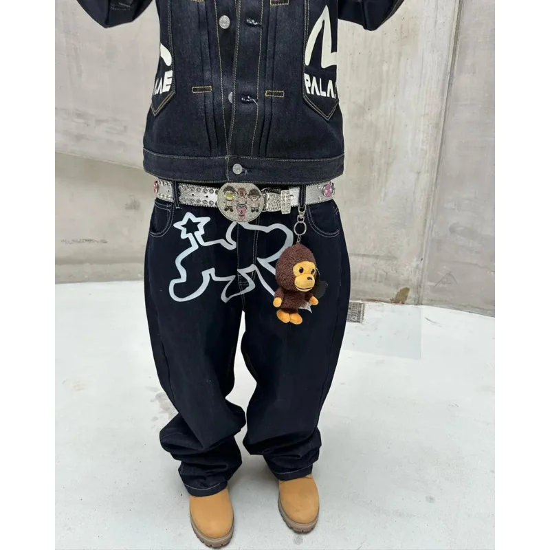 Mens hip hop retro Stardog embroidery jeans Y2K baggy black denim pants new fashion casual wide leg straight pants streetwear