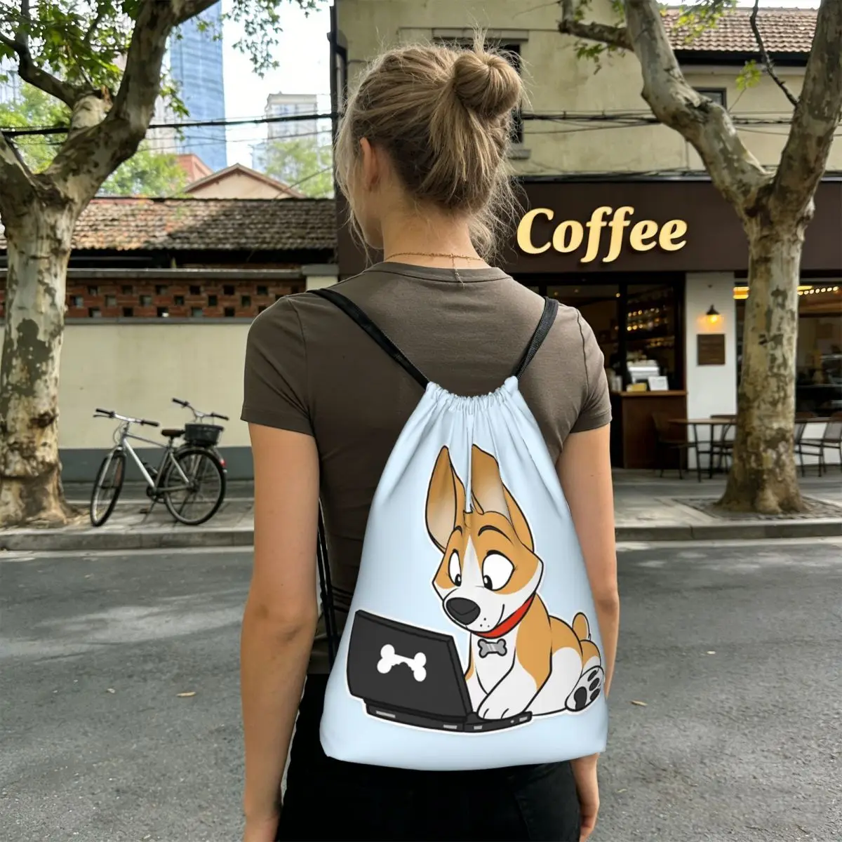 Cute Dog Puppy Looks At Computer Backpacks Multi-function Drawstring Bundle Pocket Sports Bag Book Bags for Man Woman School