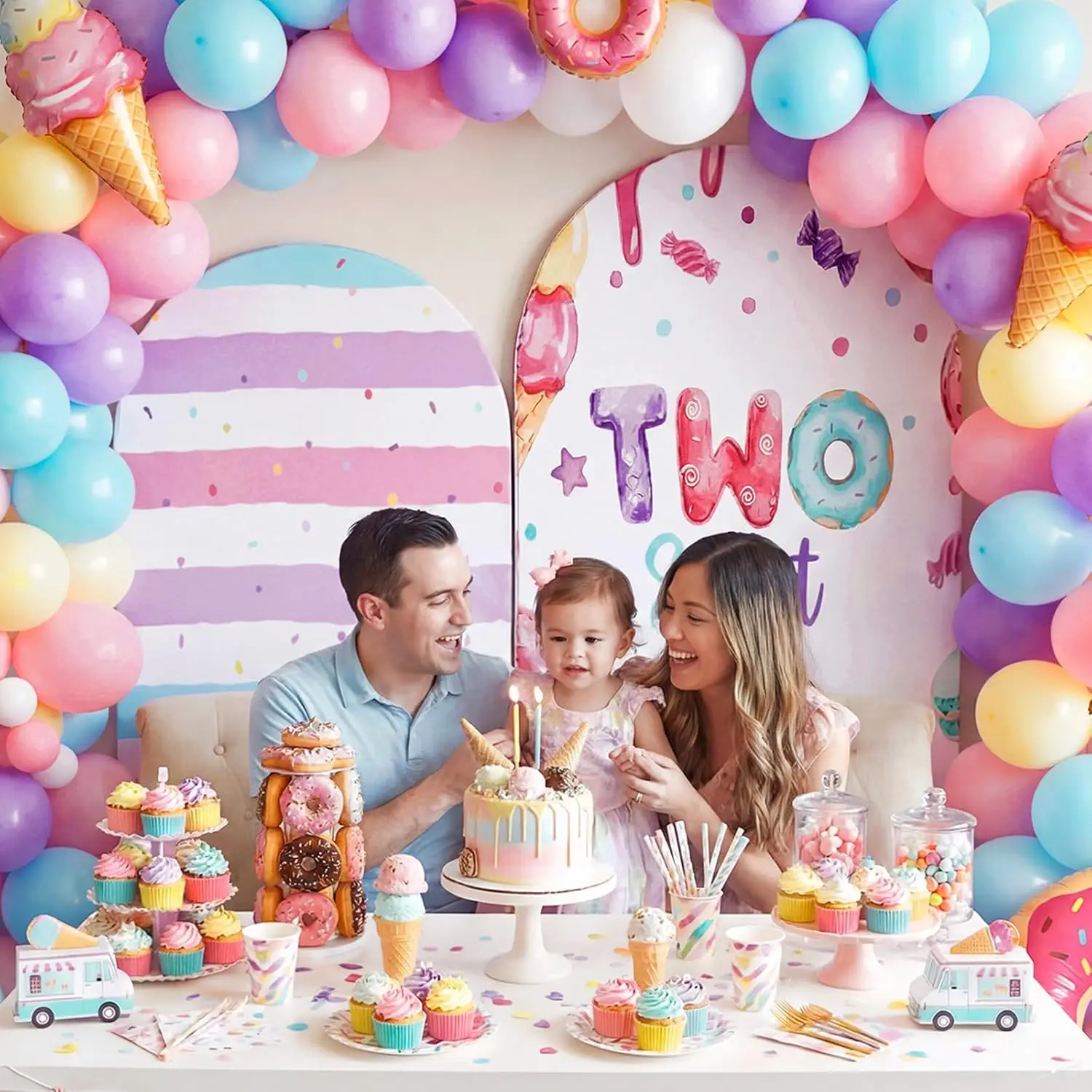 Fondo de fotografía de doble cara para fiesta de cumpleaños, con diseño de donut rosa, helado y dulces, para niña de 2 años, para arco, Chiara