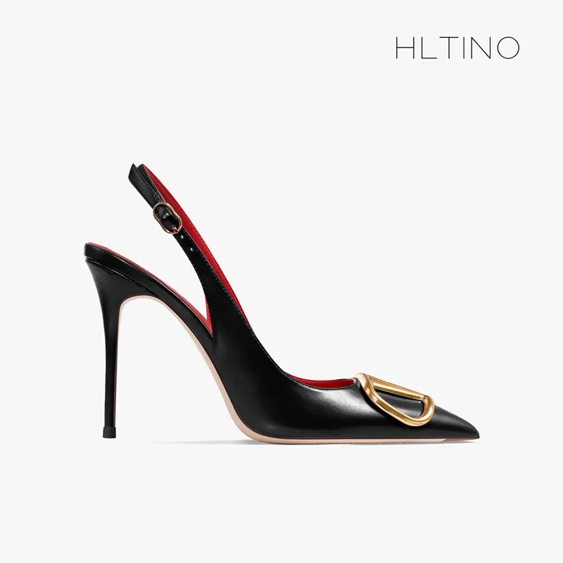 HLTINO black pointed toe slingback comfortable women summer shoes high heel sandals matte finish for daily party dress