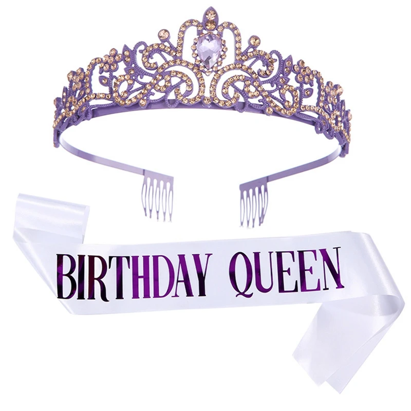 Purple Bling Rhinestone Crystal Crown Tiara with BIRTHDAY GIRL Satin Sash Birthday Anniversary Decor Party Dress-up Supplies